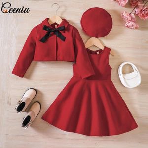 Giyim setleri Ceeniu Sonbahar Kış Çocukları Kızın Tüvit Kıyafetleri Daha Sıcak Bowknot Ceket Bere Çocuklarla Kırmızı Elbise Noel Giysileri Kızlar