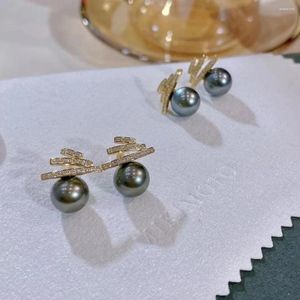 Серьги-гвоздики из стерлингового серебра 925 пробы с жемчугом для женщин, настоящие 9-10 мм круглые таитянские черные модные украшения для вечеринок