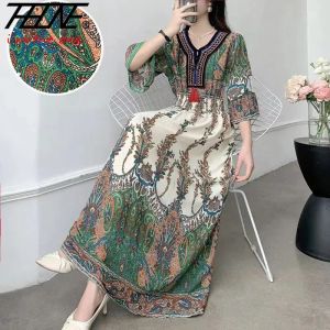 Elbise Thone Uzun Elbise Kadınlar Hint Giysileri Bohem Koreli Nakış Çiçek Pamuk Keten Maxi Baskı Gündelik Vintage Vestidos Robe