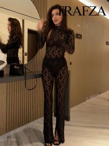 Suits Trafza 2023 Yaz Kadın Moda Dantel Setleri Sağlam Sıkı Onesies Kadın Tulumlar + Seksi Gösteri Eğrisi Yüksek Sokak Kadın Tayt