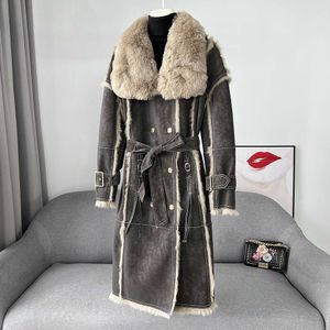 2023 Интернет-дизайнер знаменитостей, осенне-зимнее модное женское длинное шерстяное пальто со встроенным кроличьим мехом 134957