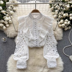 Women's Blouses High Quality Embroidery Vintage Shirt Women Stand Collar Long Sleeve Ruffles Sweet Top Hollow Out Lace Loose Blouse 2024