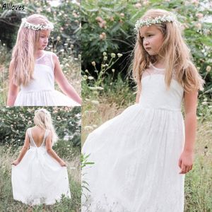 Beyaz Dantel Bebek Çiçek Kız Elbiseler Düğün için Sevimli Mücevher Boyun Uzun Çocuklar Küçük Kızın Resmi Parti Önlükleri Zemin Uzunluğu Balo Doğum Günü İlk Cemaat Elbise Cl3372