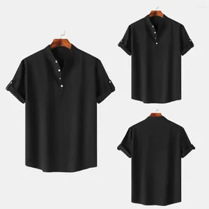 Мужские футболки, мужская рубашка с короткими рукавами, однотонная стильная летняя рубашка с воротником-стойкой и запонками, облегающий дизайн для повседневного использования