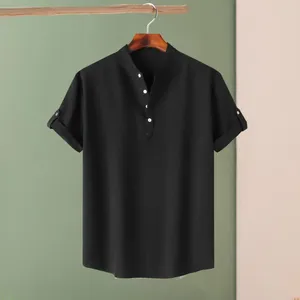Мужские футболки, мужской топ, стильная летняя рубашка с воротником-стойкой, запонки, облегающий дизайн для повседневной или деловой одежды