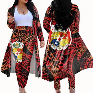 Kadınlar İki Parçalı Pantolon Toptan Polinezya Dövmesi Kimono Ceket Tonga Kabile Tatau Takip Eşleştirme Hırka Seti Özel Uzun Pantolon