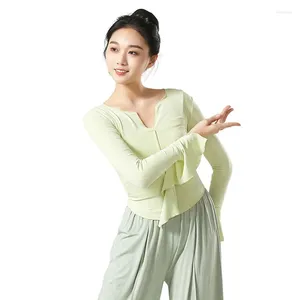 Sahne Giyim Modern Dans Dans Takımı Örme V yaka boynuz kollu Klasik Vücut Uygulaması Sonbahar ve Kış