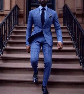 Suits Blazer Sets Erkek Kostüm Zarif Düğün Adam Elbise Evlilik Erkek Erkek Takım Mavi Ekose Bir Düğme İnce 2 Parti Elbise