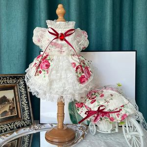 İnce El Yapımı Pamuk Dantelli Köpek Kıyafetleri Moda Küçük Orta Köpek için Üstün Çiçek Baskı Kristal Yay Prenses Elbise 240307