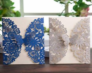 Wishmade 50pcs Glitter Laser Cut Cut Wedding Cards with Silver Royal Blue Butterfly Butterfly Lace Design for Birthday 3689365