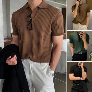 Camisas casuais masculinas lapela manga curta botões meia carcela solta camiseta masculina verão cor sólida tricô camisa com nervuras topo streetwear