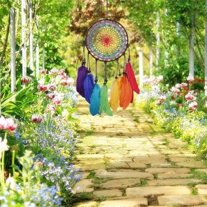 El yapımı Dreamcatcher rüzgar çanları 7 gökkuşağı renkli tüy rüya yakalayıcılar için hediyeler için düğün ev dekor süsleri asmak dekorasyon2677