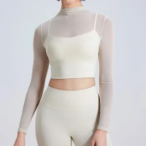 Активные рубашки, женская быстросохнущая спортивная блузка, сетчатый укороченный топ для тренировок, прозрачная футболка с длинными рукавами для йоги, прозрачная футболка