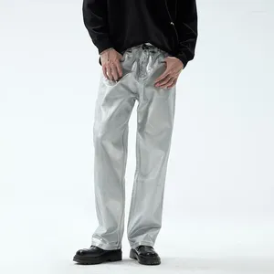 Erkek kot pantolon kaplamalı gümüş sokak kıyafeti moda hip hop gevşek rahat düz denim pantolon pantolon adam artı boyut y2k