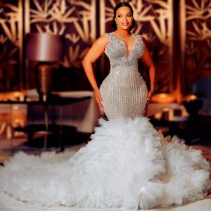 2024 árabe aso ebi plus size marfim luxuoso sereia vestido de casamento frisado cristais camadas tule vestidos de noiva vestido zj102