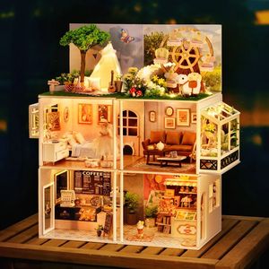DIY деревянный кукольный домик миниатюрные наборы с мебелью для девочек спальня кофейня Casa кукольный домик игрушки для взрослых подарки на день рождения 240304
