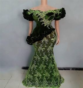 Hunter Green Dantel Aso Ebi Akşam Elbise Kısa Kollu Kabarık Omuz Kapalı Denizkızı Kadınları Afrika Artı Boyu Elbiseler ALLIKES2682046