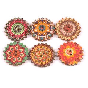 200pcs ahşap düğmeleri 15mm 25mm karışık renk desen yuvarlak çiçek düğmeleri vintage düğmeleri dikiş için 2 delikli vintage düğmeler DEY295V