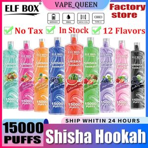 Оригинальная ELF BOX Puff 15000 затяжек Одноразовая ручка Crysatl Vapes Pen 15K Puffs Электронная сигарета 0% 2% 3% 5% Испаритель Аккумуляторная батарея 600 мАч 0,6 Ом Сетчатая катушка Vape Kit Puff 15K