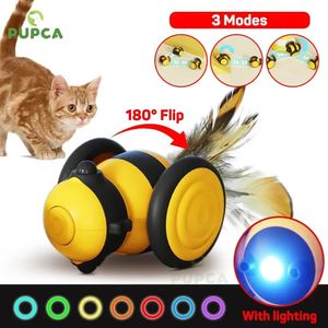 PUPCA Smart Cat Toy Car Автоматическая движущаяся интерактивная головоломка Игрушки для домашних животных со светодиодной подсветкой Перо для дрессировки собак и котят USB 240229