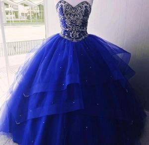 Топ Royal Blue Bling Crystal Quinceanera Платья для выпускного вечера Бальное платье Милая многослойная Тюль Стразы Корсет Sweet 16 Party Dre2121569