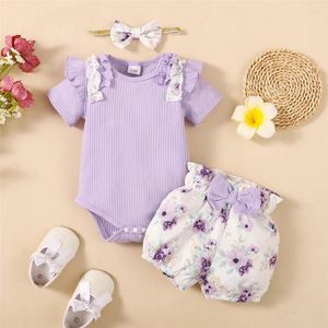 Giyim Setleri 2024 Yaz Bebek Kız Giysileri Seti Mor Kısa Kollu Romper Çiçekler Kafa Bandı Toddler ile Şort 3 PCS Kıyafet 0-18 aylık