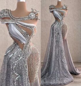 НОВЫЕ арабские Aso Ebi Sparkly Silver Роскошные платья выпускного вечера для торжественных случаев Кристаллы из бисера Вечернее вечернее платье Второй прием День рождения Обручальное платье