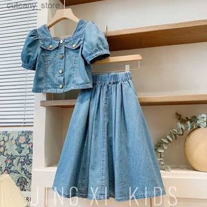T-Shirts 2023 Yeni Yaz Bebek Kız Elbise Set Moda Kısa Kollu Jean Top+Denim Etek 2pcs Çocuk Takım Prenses Denim Genç Kıyafetler 4-10 L240311