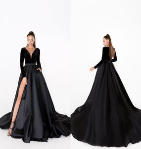 Siyah gece elbise v boyun kadife bir çizgi süpürme treni saten etek uzun kollu ucuz balo elbise seksi yüksek bölünmüş resmi fırsat go6374630