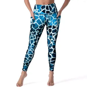 Kadın Tozları Zürafa Baskı Yoga Pantolon Mavi ve Beyaz Seksi Belli Beldelik Spor Teşhal Elastik Tasarım Fitness Spor Salonu Leggins