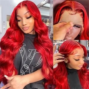 Sıcak kırmızı vücut dalgası 13x4 dantel ön peruk brezilya kırmızı colorde frontal insan saç peruk kadınlar için remy şeffaf dantel peruk% 180