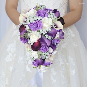 Düğün Çiçekleri Soayle Gelin Buket Mor PU PU Calla Lily Su Damlaları El Tutma Çiçek Dekorasyon Simülasyon