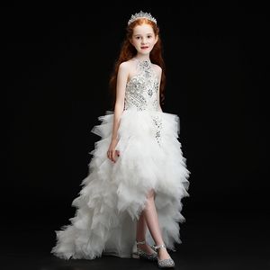 2024 Yüksek Düşük Çiçek Kız Düğün Kristalleri İçin Elbiseler Boncuklu Lüks Uzun Tren Frist Komünyon Elbise Beyaz İnciler Kız Pageant Elbise Doğum Gibi Vaftiz Elbisesi