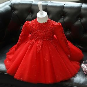 Laço vermelho lantejoulas bebê menina 1 ano vestido de aniversário manga longa nascido vestido de batismo infantil da criança batismo princesa vestidos 240307