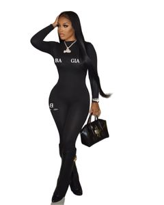 Женский модный облегающий комбинезон с буквенным принтом черного цвета, комбинезон с длинными рукавами, женские комбинезоны