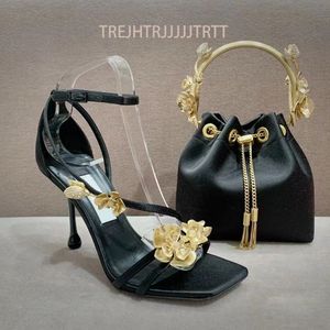 İpek ayak bileği kayış stiletto sandalet 90mm topuk altın kaplama orkide dekorasyon deri dış taban pompaları kadın partisi elbise ayakkabıları lüks tasarımcı yüksek topuklu 35-41 kutu