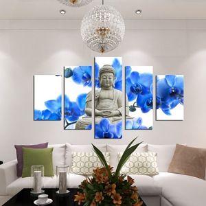 Sem moldura 5 painéis grande orquídea fundo buda pintura fengshui arte em tela fotos de parede para sala de estar decoração de casa306a