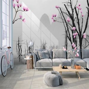 3D-Wandbild-Tapete, moderner einfacher toter Baum, großer Baum, rosa Blumen, Landschaft, Wohnzimmer, Schlafzimmer, Wandverkleidung, HD-Tapete345O