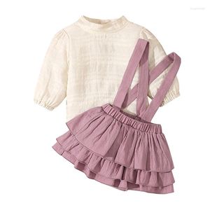Giyim Setleri Bebek Kız Asma Şortları Set Puff Uzun Kollu Üstler Düz Renkli Fırfır Gömlek Toddler Bloomers Yaz Giysileri