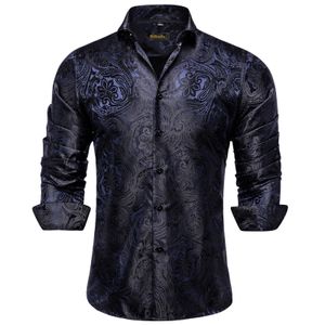 Lüks Mavi Siyah Paisley İpek Gömlek Erkekler İçin Uzun Kollu Düğün Partisi Prom Smokin Elbise Gömlek Günlük Tasarımcı Giyim 240301