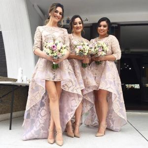Jewel Neck Country Boho Düğün Konuk Nedime Elbiseleri Plus Boyut Dantel 2024 Yüksek Düşük Yarım Kollu Onur Gowns Resmi Elbise