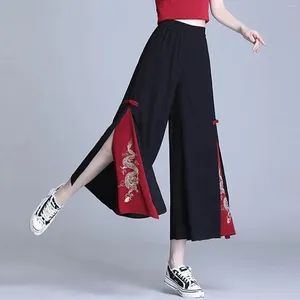 Calças femininas largas para mulheres verão solto estilo chinês chiffon nove pontos calças de cintura alta dança culottes drapey fenda