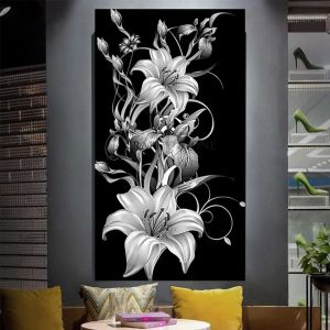 Dikiş siyah beyaz zambak çiçekler diy 5d elmas boyama çapraz kitler elmas nakış natürmort bitki 3d büyük sanat S346