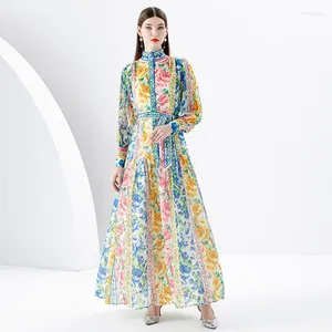 Sıradan Elbiseler 2024 Stil Moda Zarif Gevşek Kadın Stand Yakası Fener Sleeve Dalga Edge Uzun boyalı baskı elbise