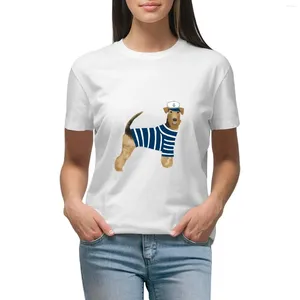 Polos femininos airedale terrier verão marinheiro bonito cão raça design ilustração camiseta topos moda mulher blusa 2024