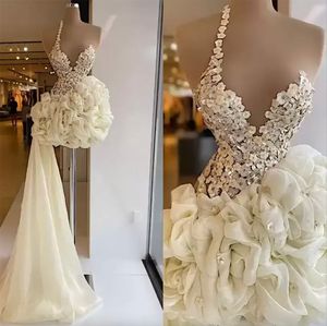 2024 Muhteşem balo elbiseleri bir omuz askısı fırfırlar mini el yapımı çiçekler kristaller boncuklu özel yapım gece elbisesi resmi fırsat giymek vestidos artı boyutu
