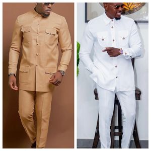 Erkek Temos Düğün İki Parça Takım Erkek Elbise Uzun Pantolon Gömlek Düz Renk Uzun Kollu Parti Afrika Etnik Tarz Giysileri 240227