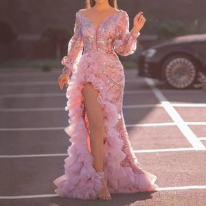 Прочное розовое сетчатое длинное платье с пайетками для женщин, сексуальное роскошное вечернее платье в стиле сплит, элегантное бальное платье длиной до пола 240313