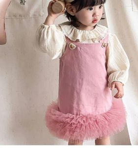 Giyim setleri 2014 Bahar Sonbahar Bebek Kızlar Tatlı Set Mesh Tutu Elbise Ruffles Yaka Gömlek Çocuk Kore Takım Çocuk Doğum Giysileri