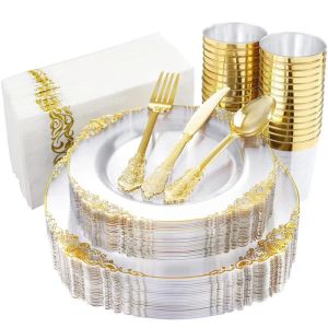 Tek kullanımlık yemek takımı 175 PCS sofra takımı şeffaf altın plastik tepsi gümüş gözlük ile doğum günü düğün parti malzemeleri